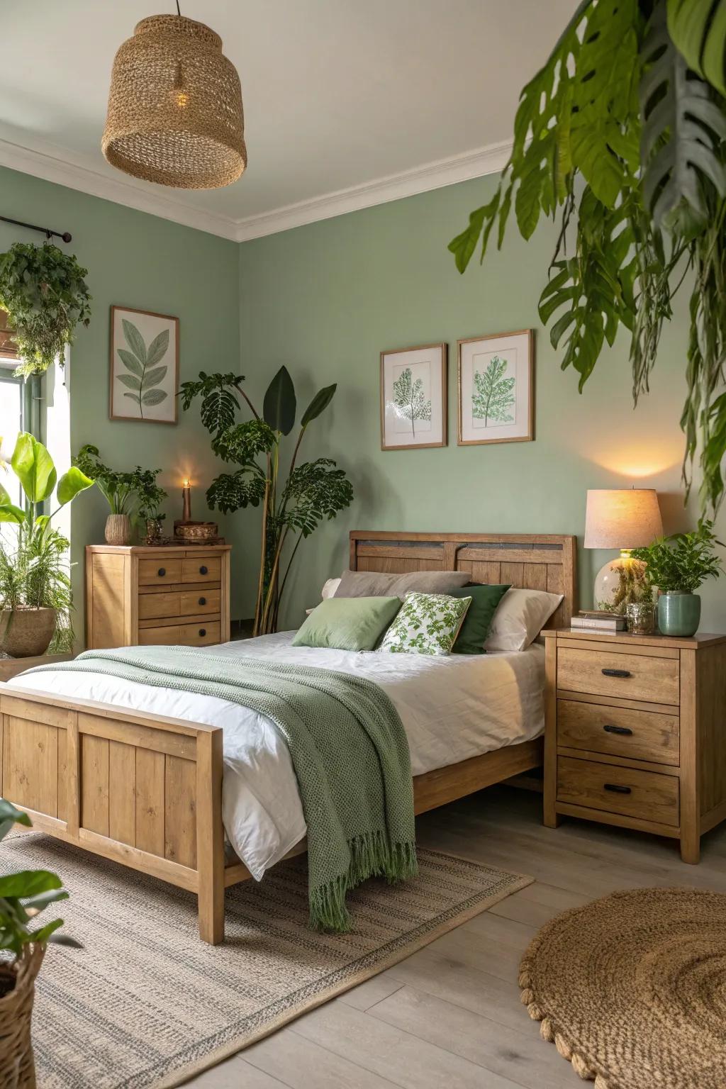 Sage green and natural wood create a harmonious and inviting space.