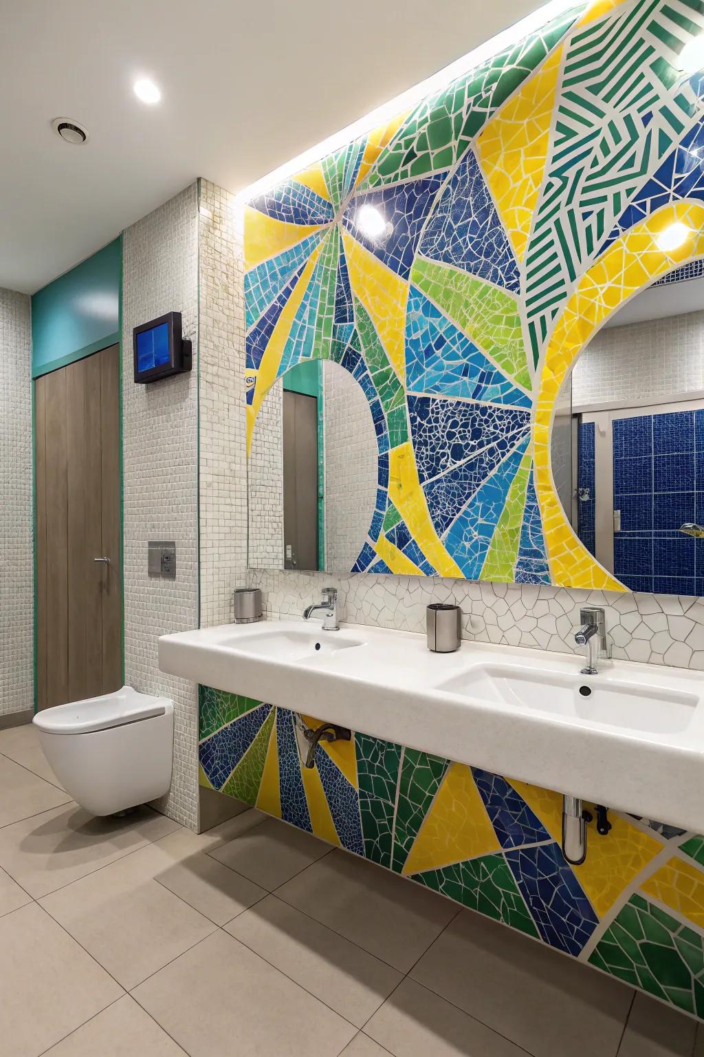 A vibrant mosaic feature wall that acts as the bathroom's centerpiece.