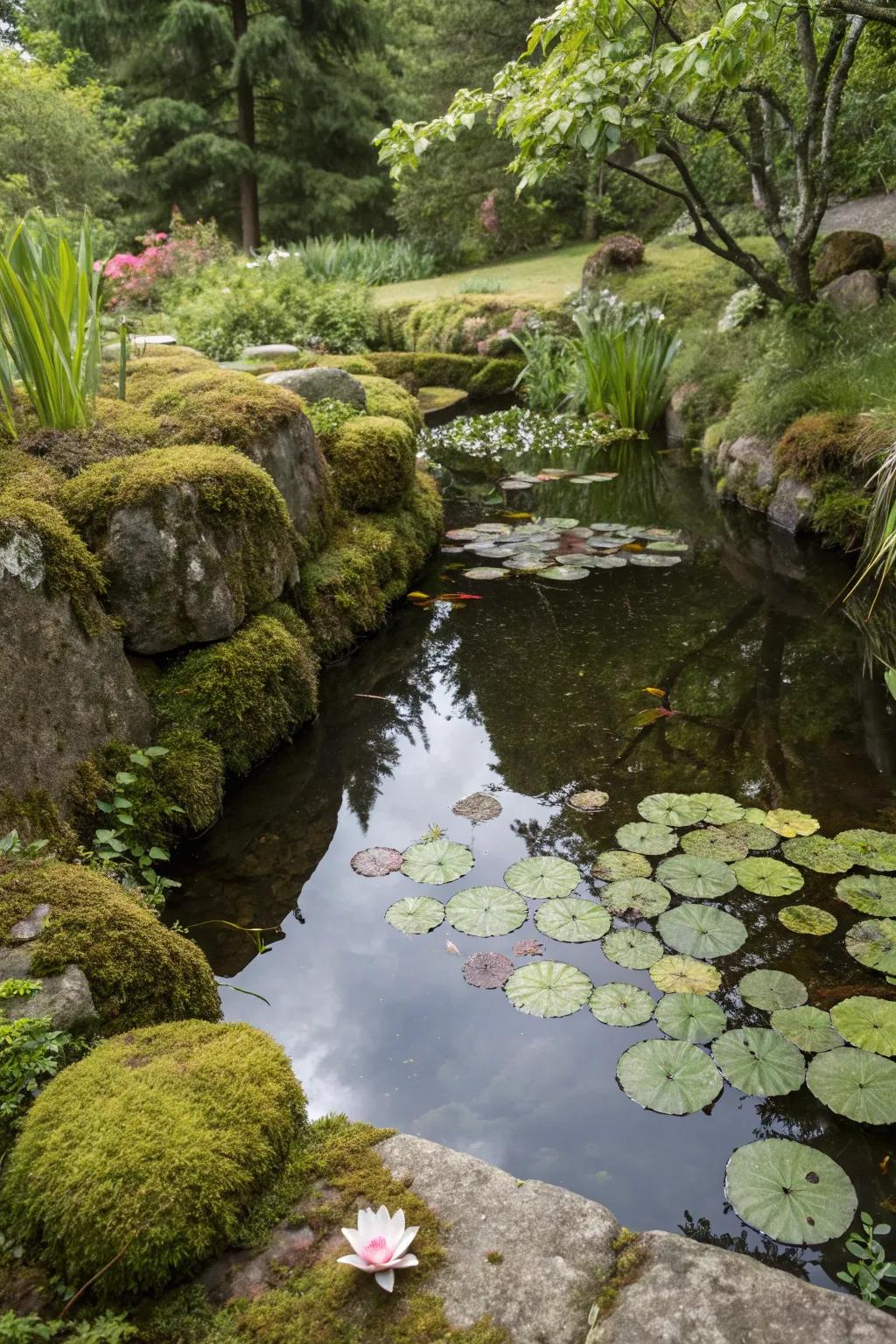 A serene pond is bordered by exuberant lichen stones.
