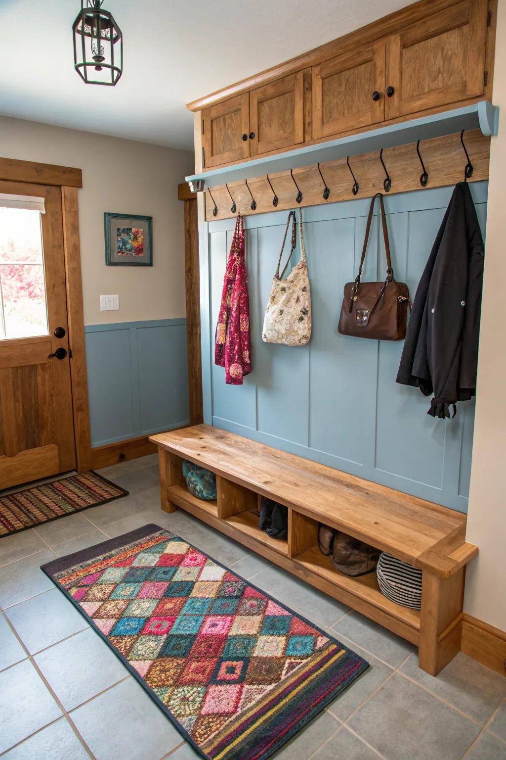 A functional mudroom with hooks for organized hanging.