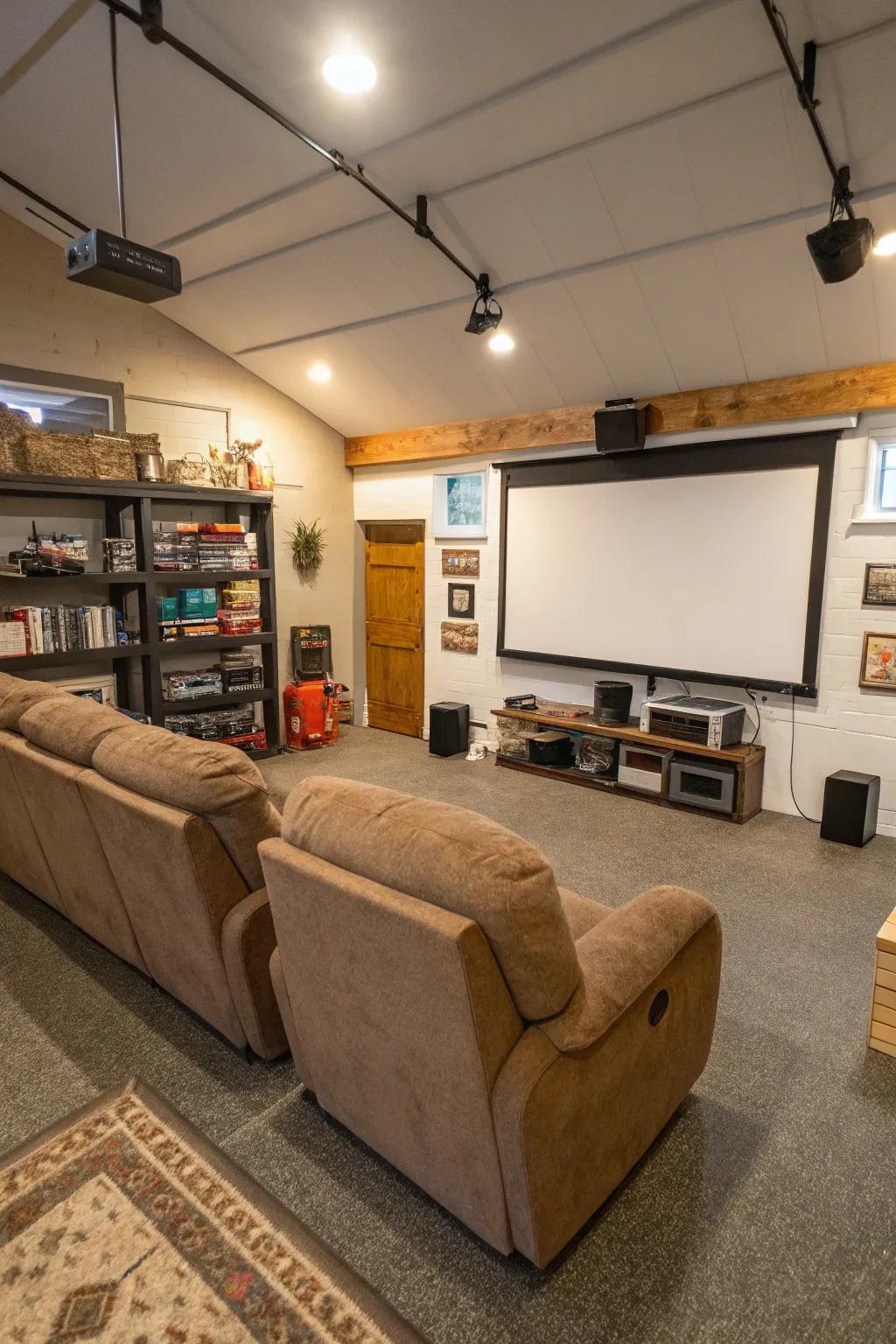 A garage designed as an entertainment zone with seating and a screen.