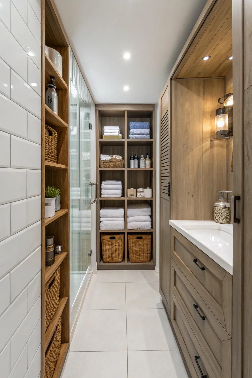 Vertical storage maximizes space in narrow bathrooms.