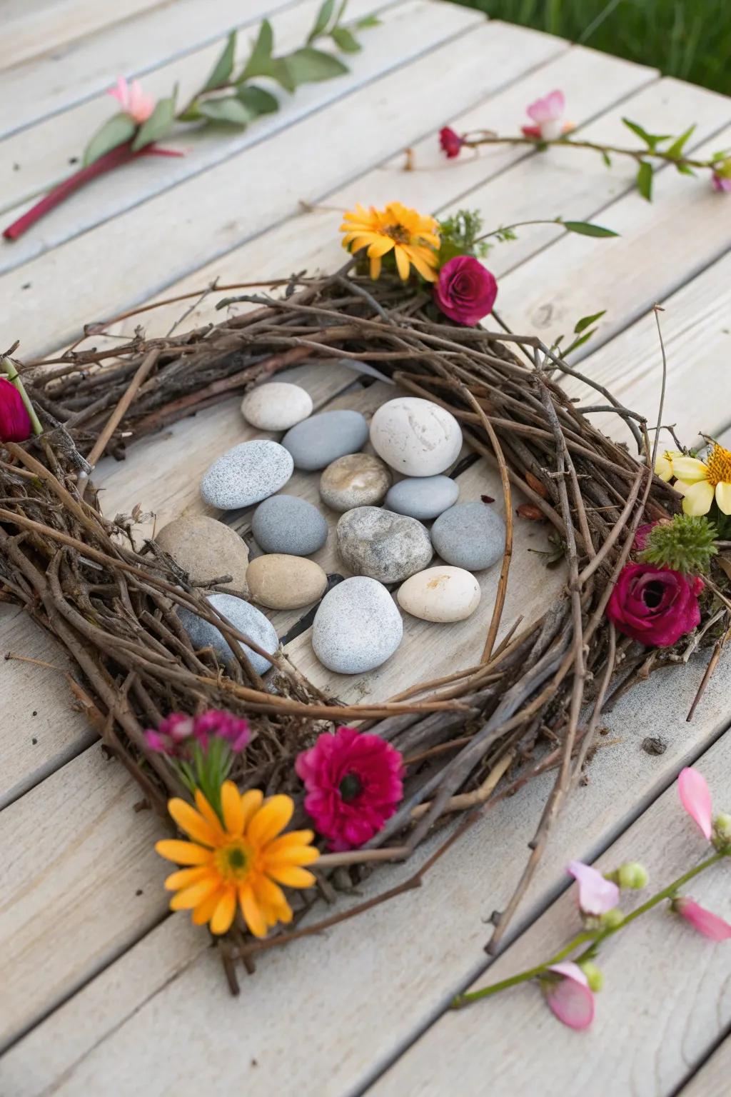 An artistic collage employing natural components like twigs and stones.