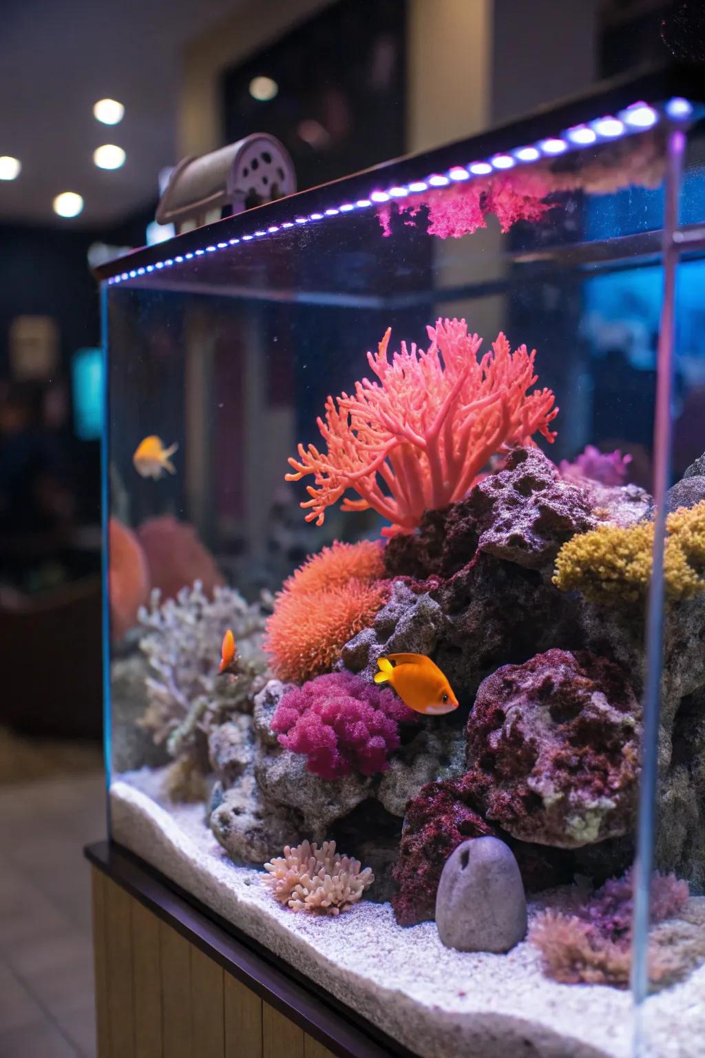 Neon decor elements add depth and vibrancy to this aquarium.