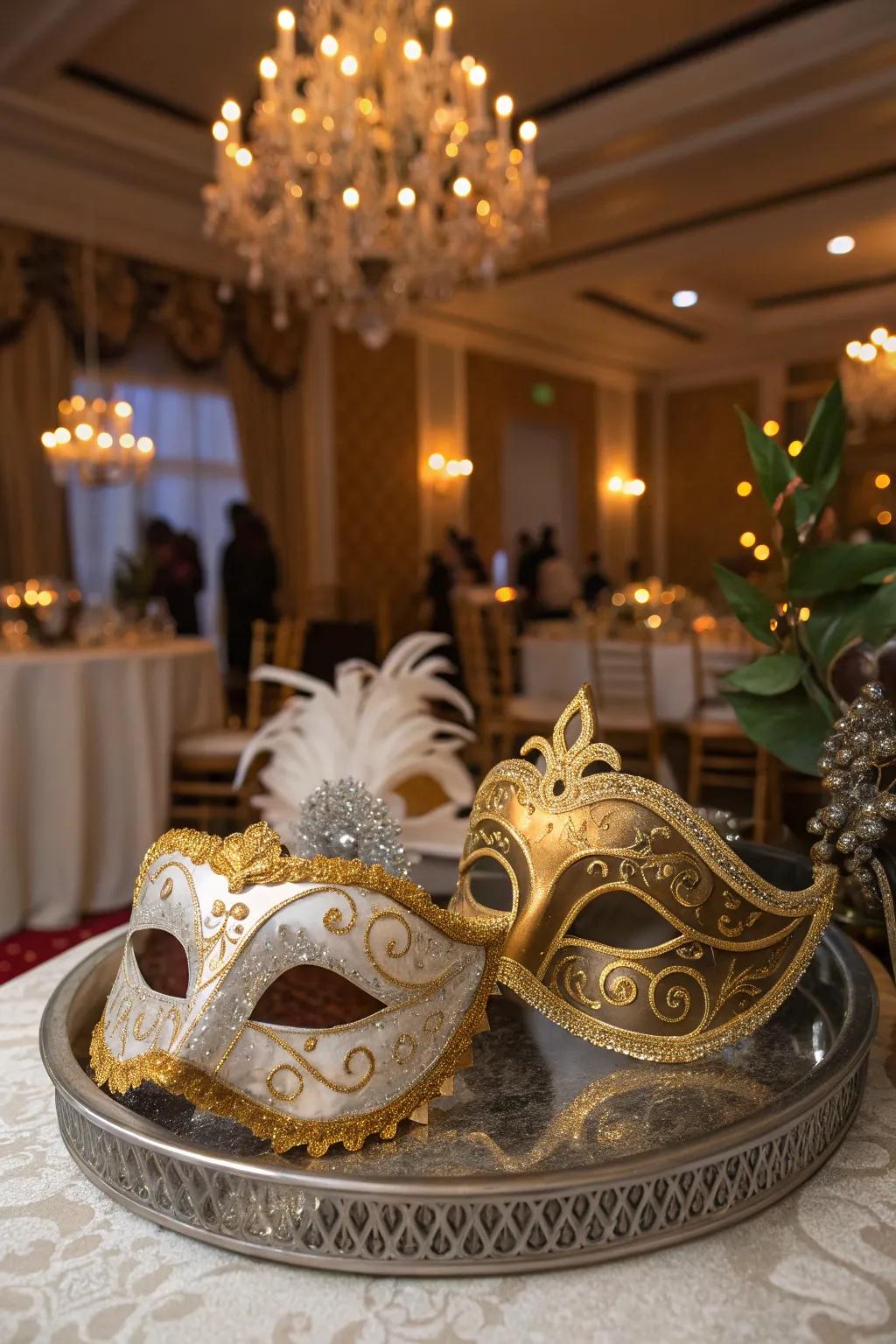 Masquerade masks add a touch of intrigue to the New Year's Eve festivities.