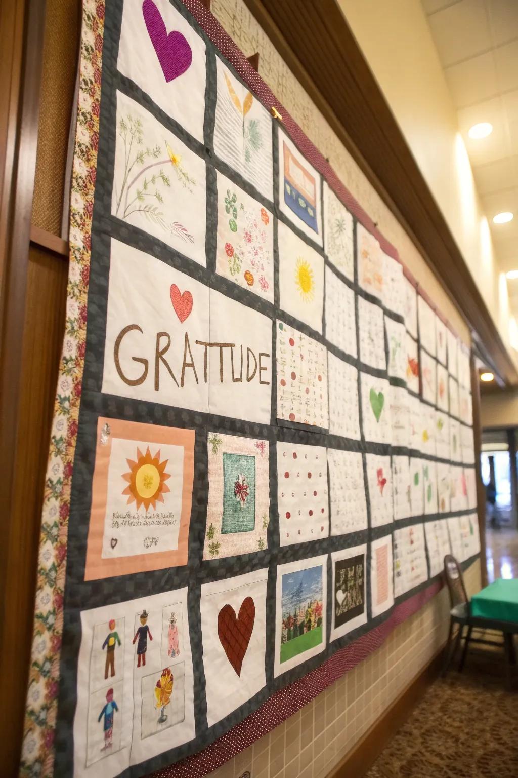 A quilt-themed bulletin board celebrating gratitude.