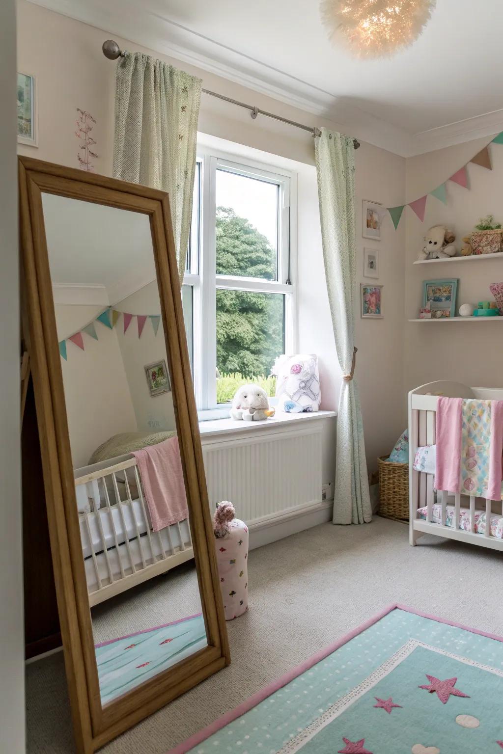 Mirrors strategically placed to reflect light from windows in a nursery.