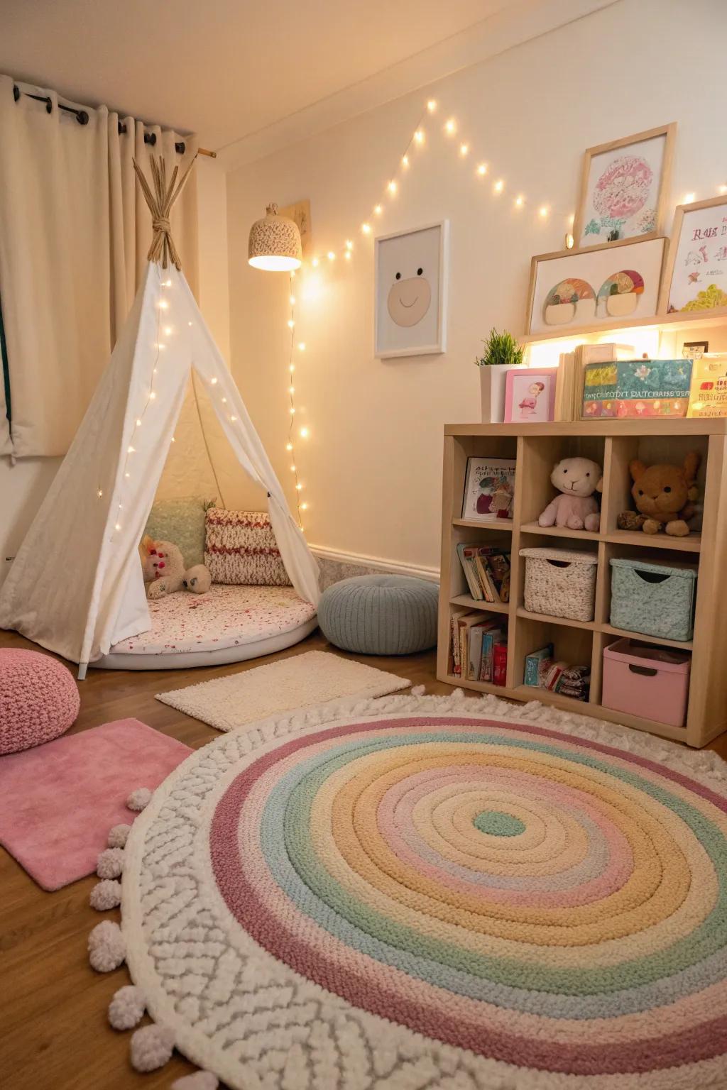 Layered rugs add depth and comfort to the nursery.