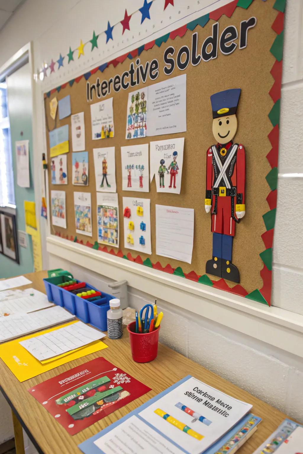 Interactive toy soldier craft showcase on a bulletin board.