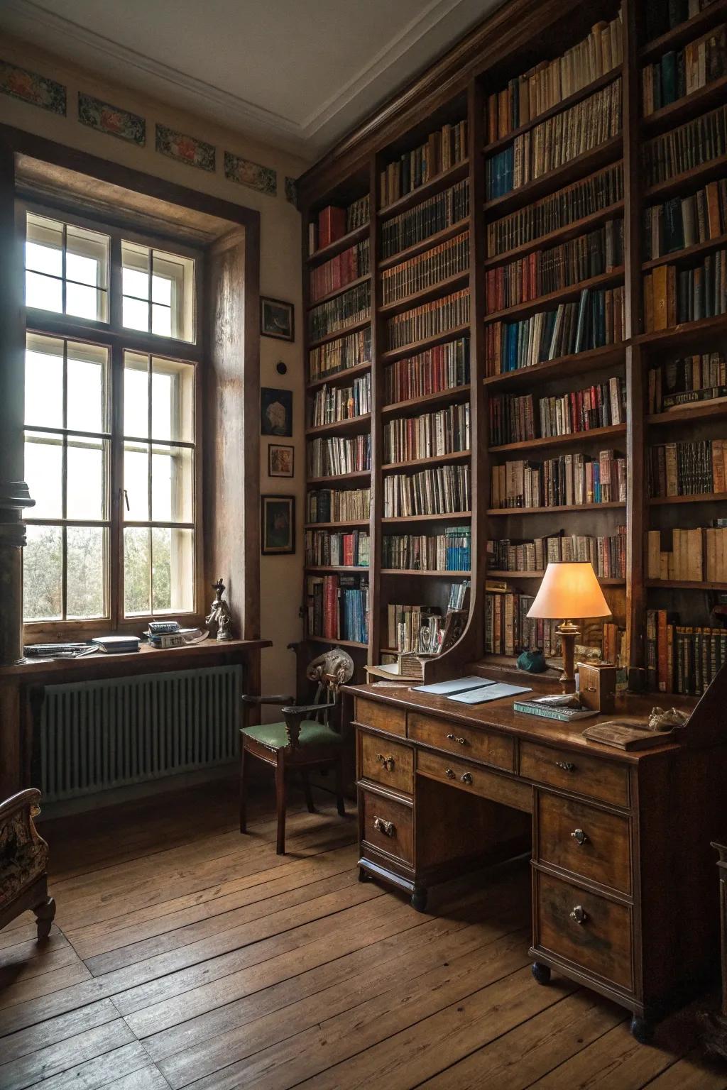 A library-like ambiance with tall bookshelves