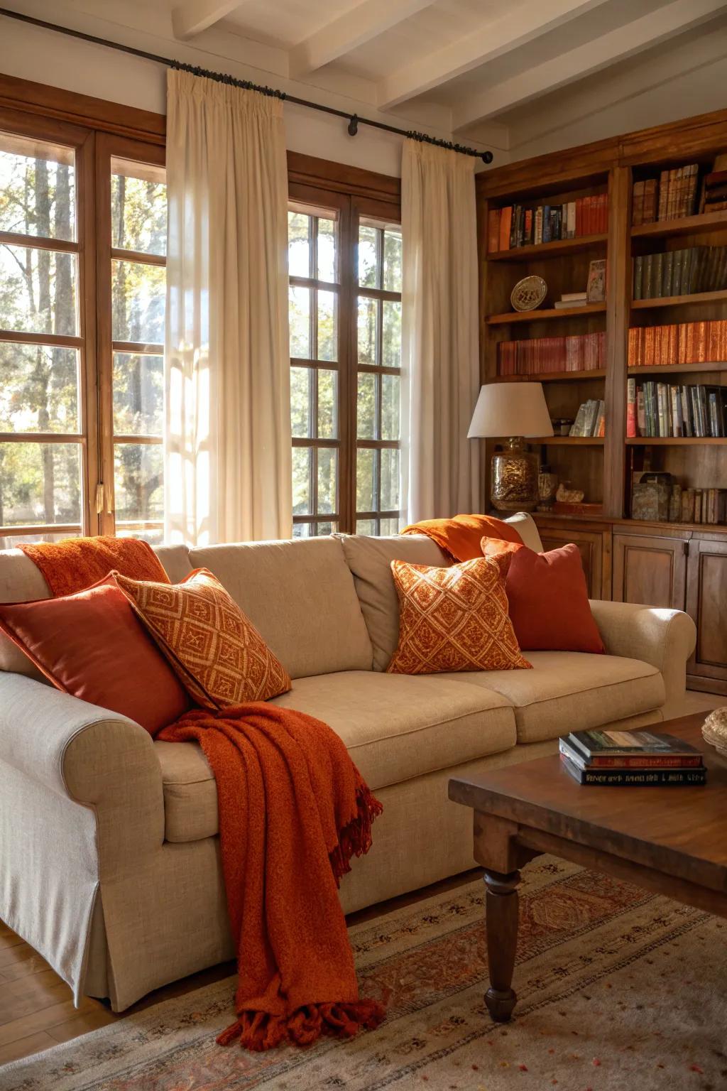 Orange cushions and throws provide a pop of color, enhancing the room's coziness.