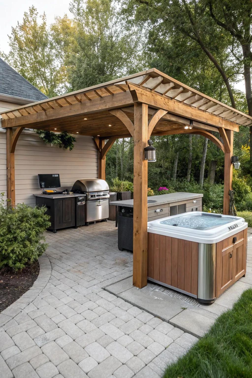 A pergola offers shade and shelter, enhancing comfort and usability.