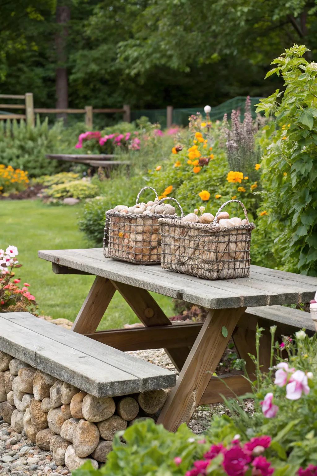 Gabion baskets add an industrial edge and natural beauty.