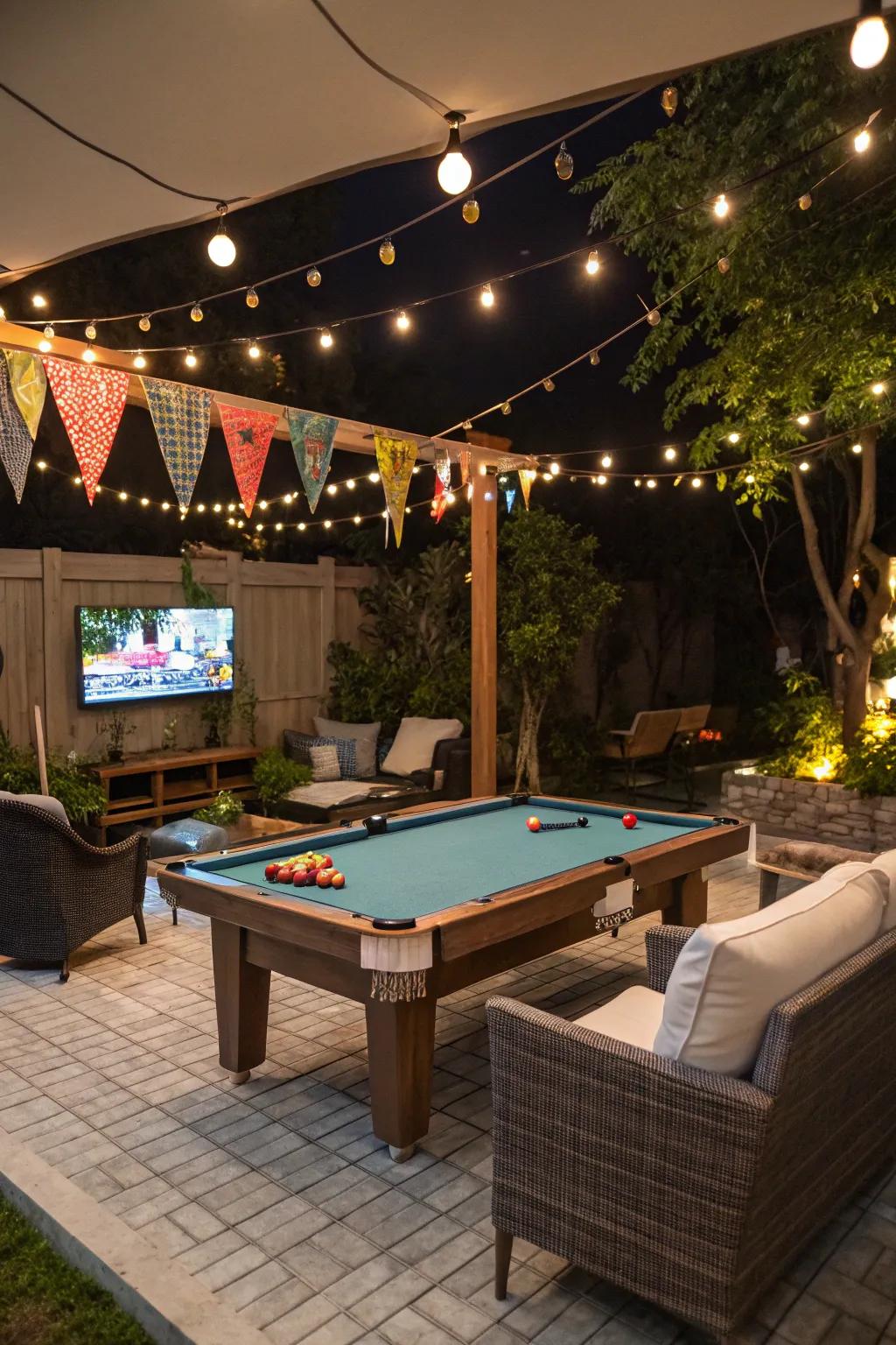 A pool table with adjacent entertainment features like a TV and seating area.