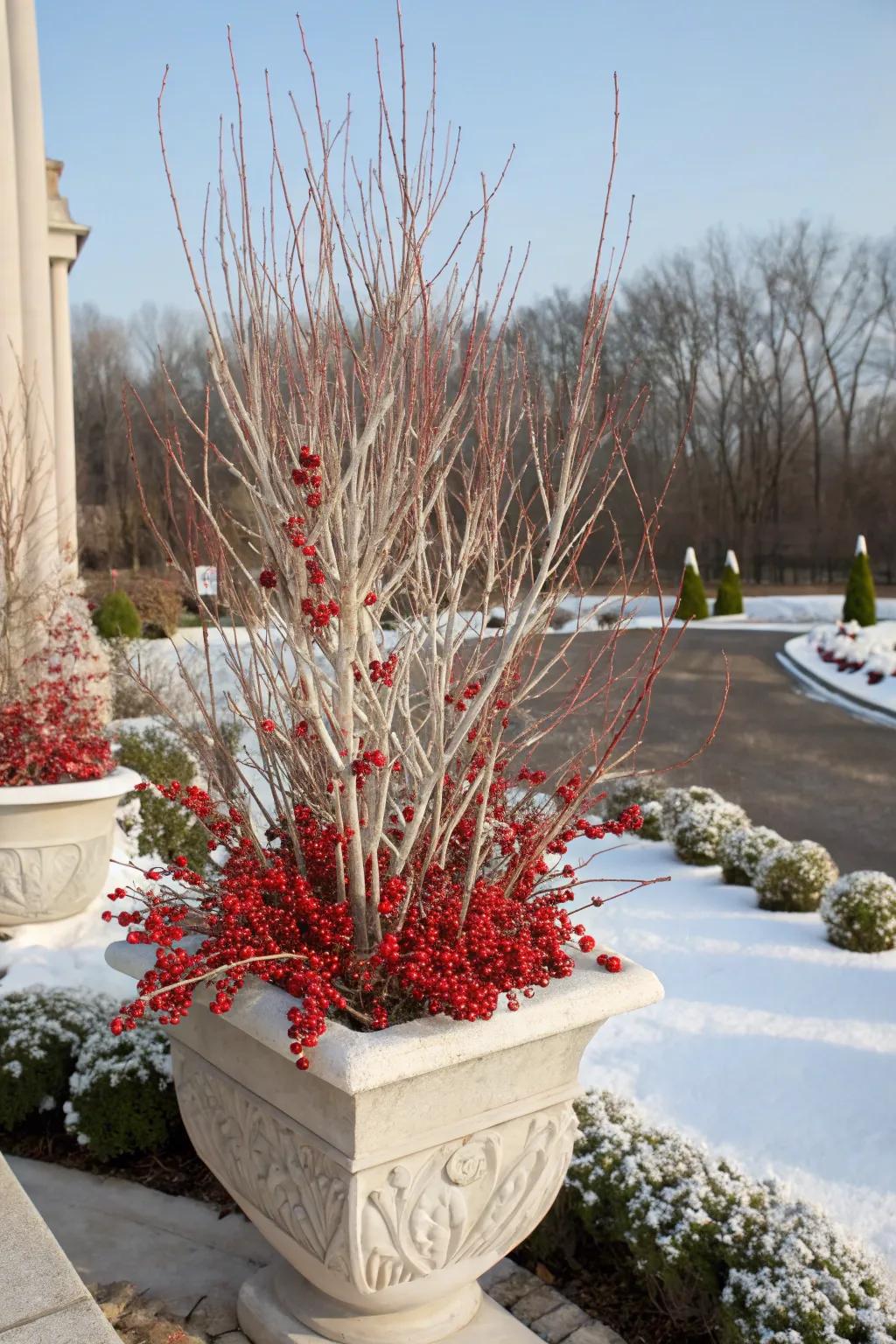 Red berries create a vibrant focal point in winter planters.