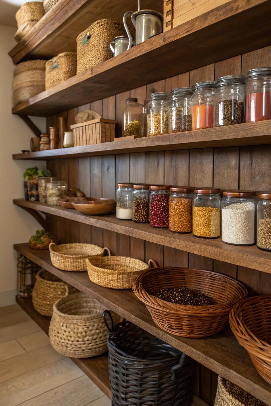 A pantry with stained wood shelves adding a rustic charm.