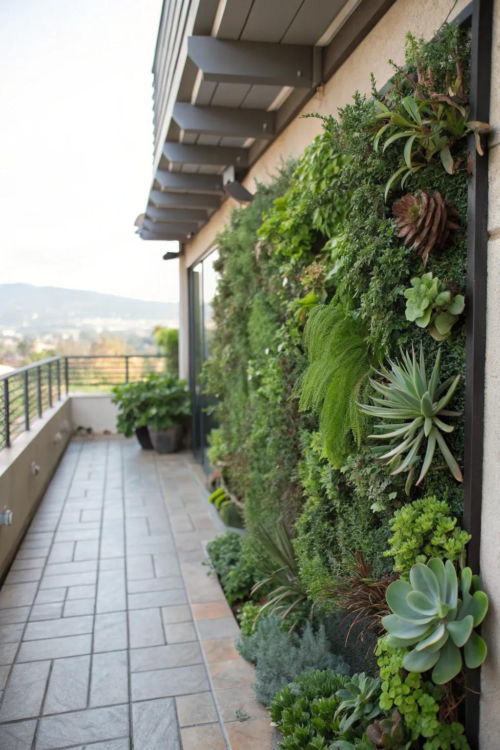 A lush vertical garden turns a patio wall into a living masterpiece.