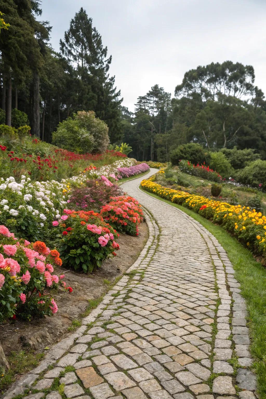 A charming cobblestone pathway through a lush flower garden.