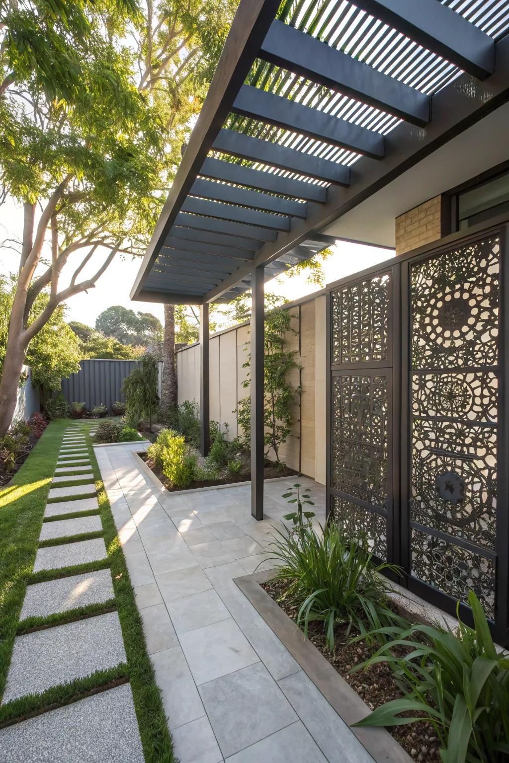 Metal panels add a refined, artistic flair to pergola spaces.