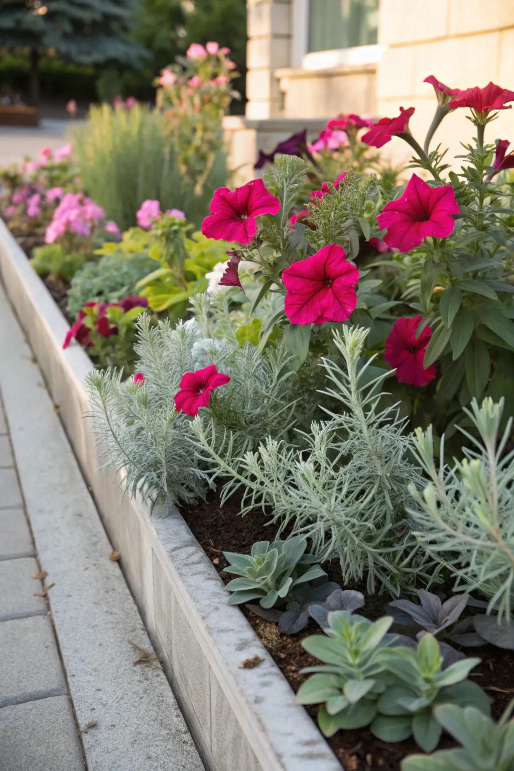 Euphorbia adds a delicate touch to bold petunias, creating a balanced garden aesthetic.