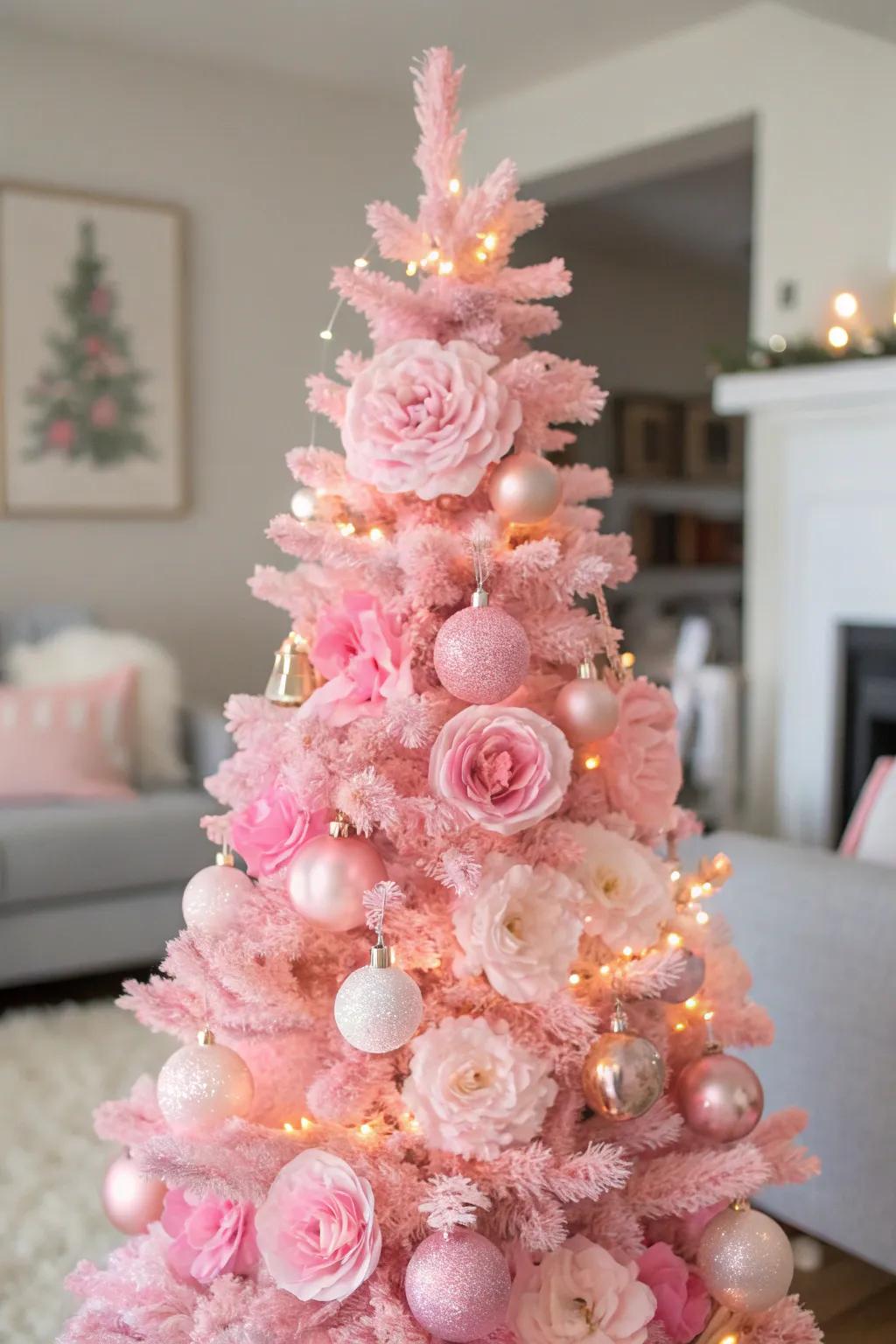 Floral ornaments turn this pink tree into a whimsical wonderland.