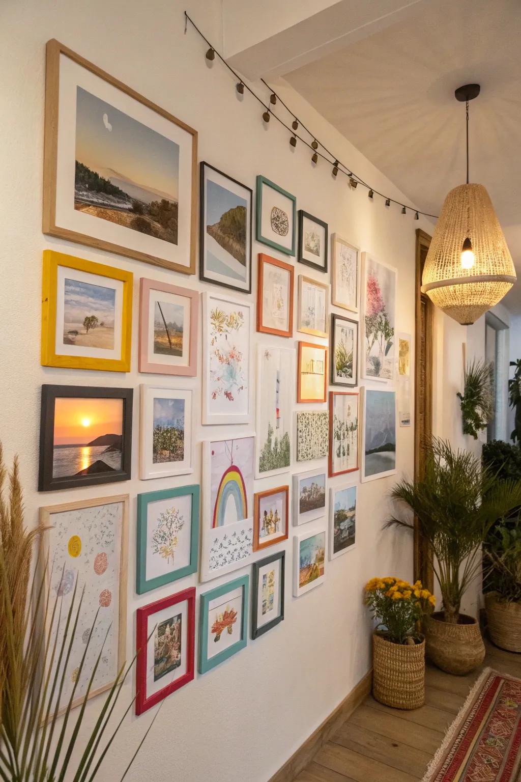 A personalized collage-style print featuring photos and illustrations on a gallery wall.