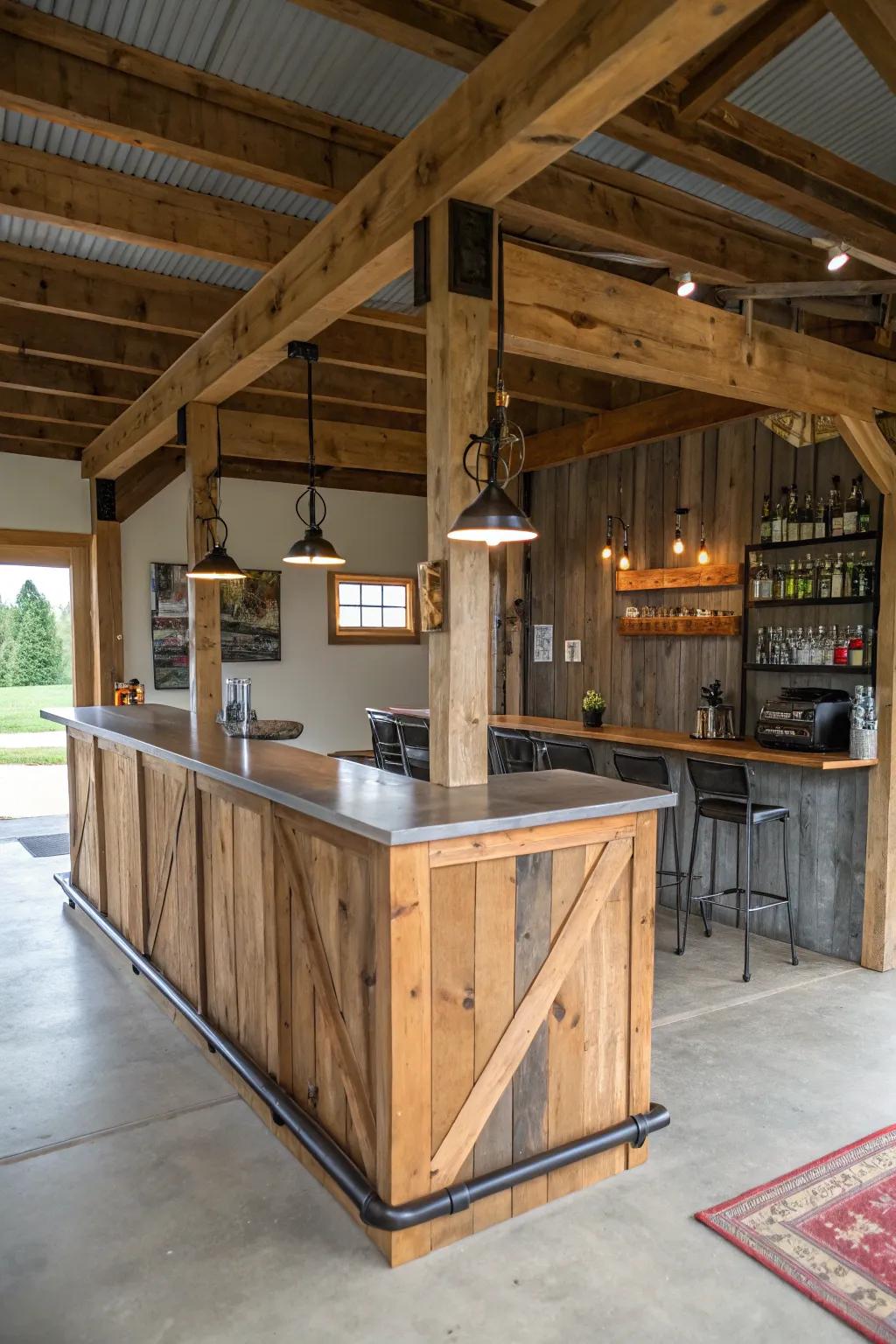 A charming bar in a pole barn blending upcycled wood and modern elements.