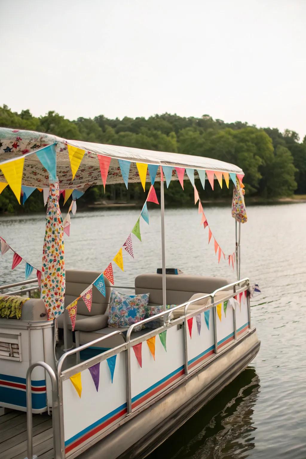 Carnival-themed pontoon boat bursting with colors and fun.