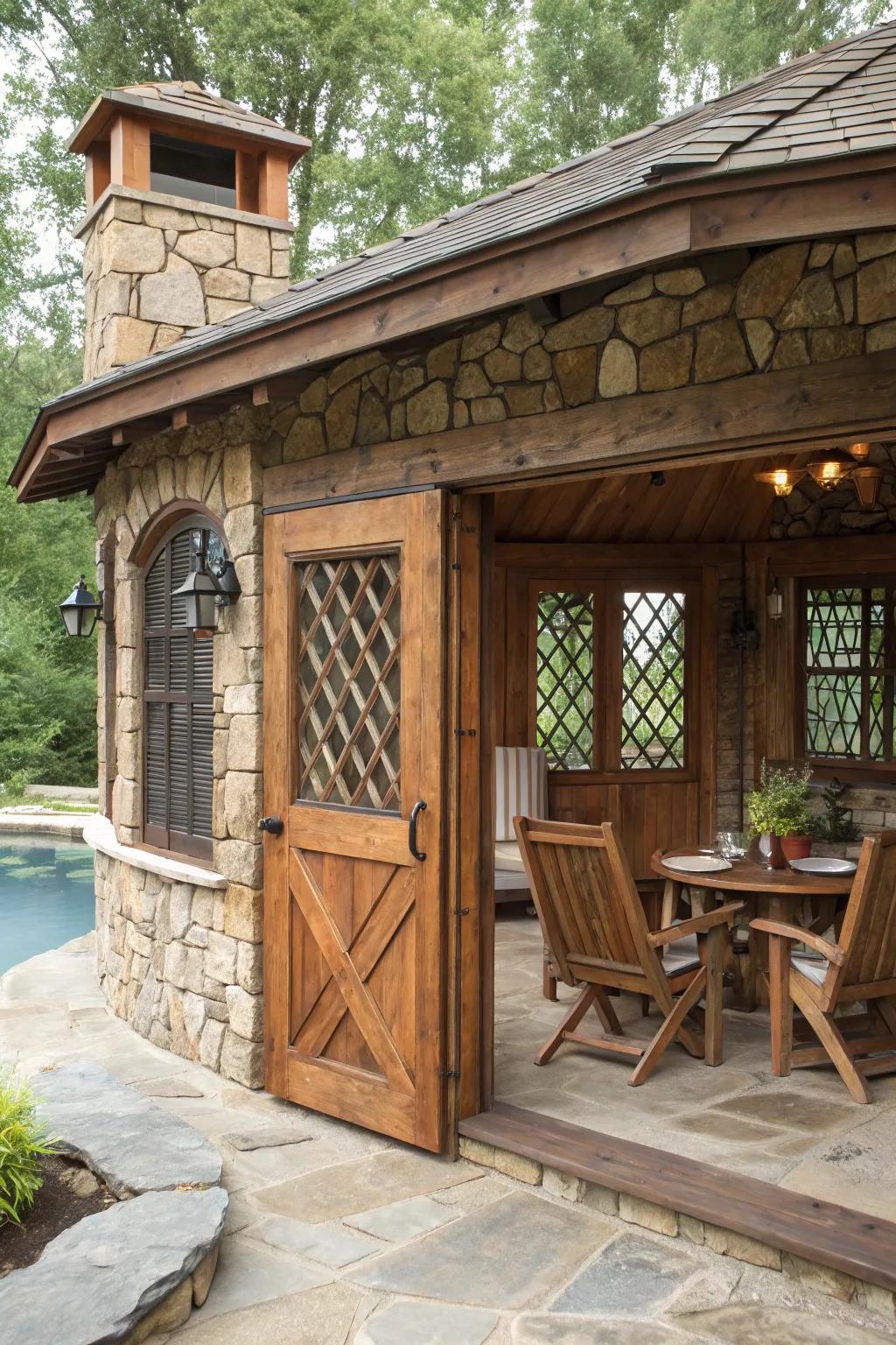 A rustic cabana showcasing nature's elegance through wood and stone, an idyllic setting for intimate gatherings.