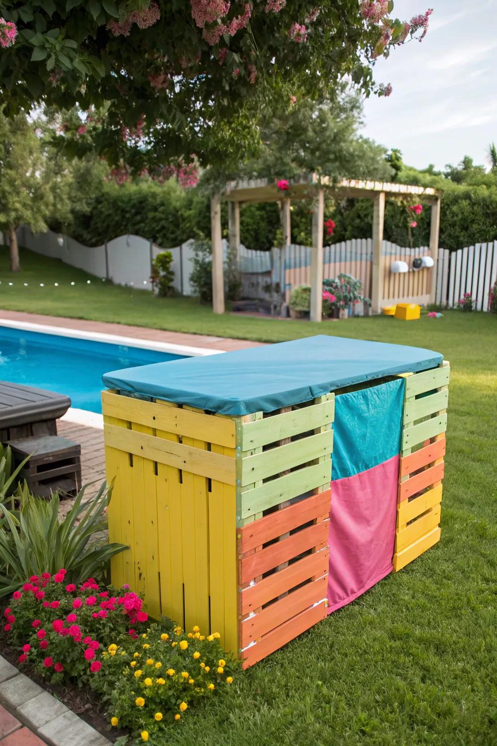 A creative DIY pallet cover adding a splash of color to a backyard.