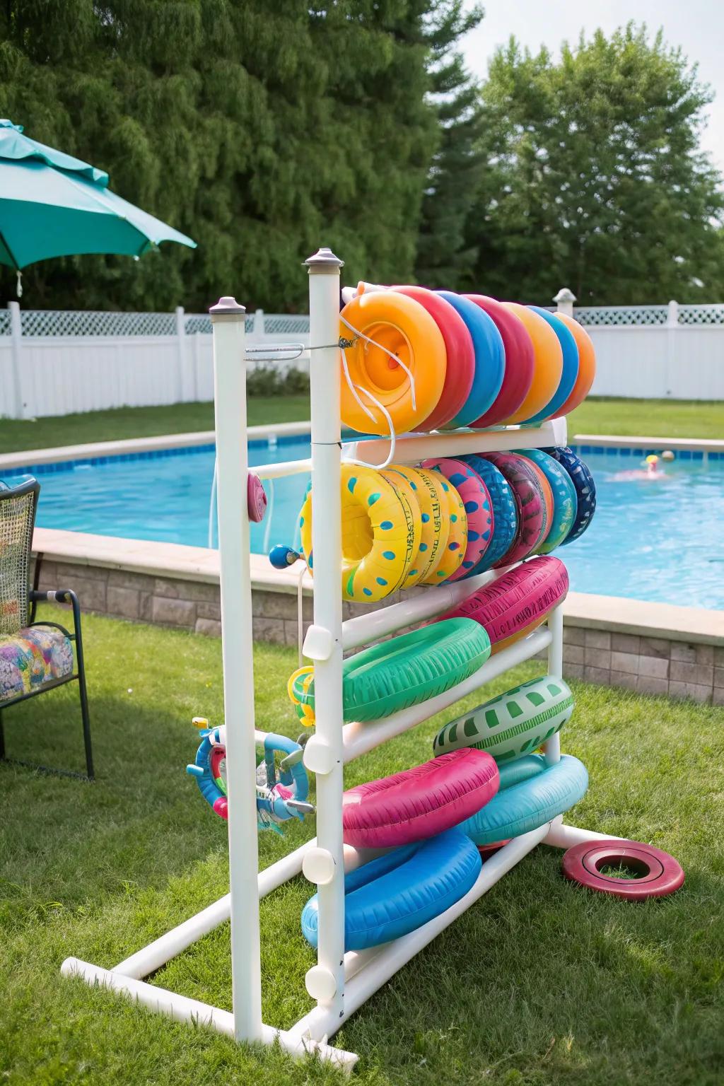 PVC pipe organizers provide a creative solution for pool float storage.