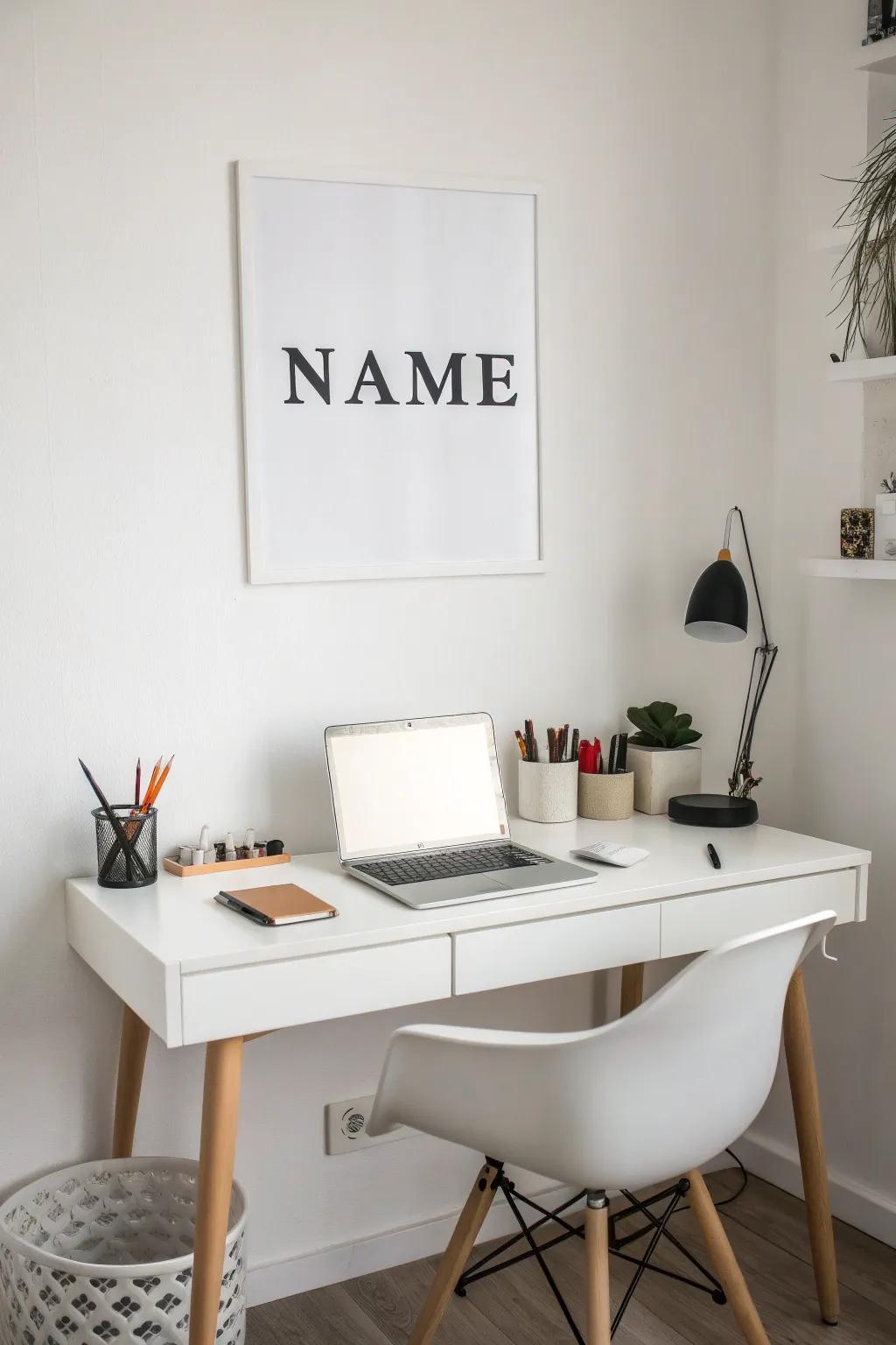 A sleek monochrome name poster enhancing a minimalist workspace.