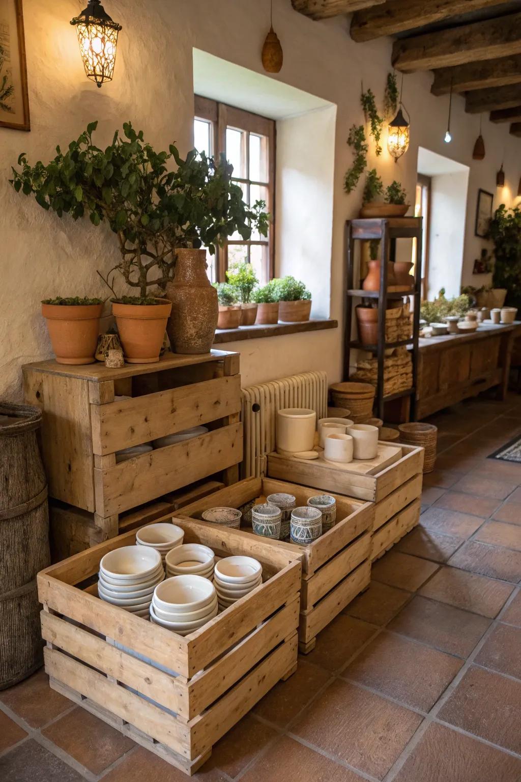 Pottery showcased in vintage wooden crates for a rustic aesthetic.