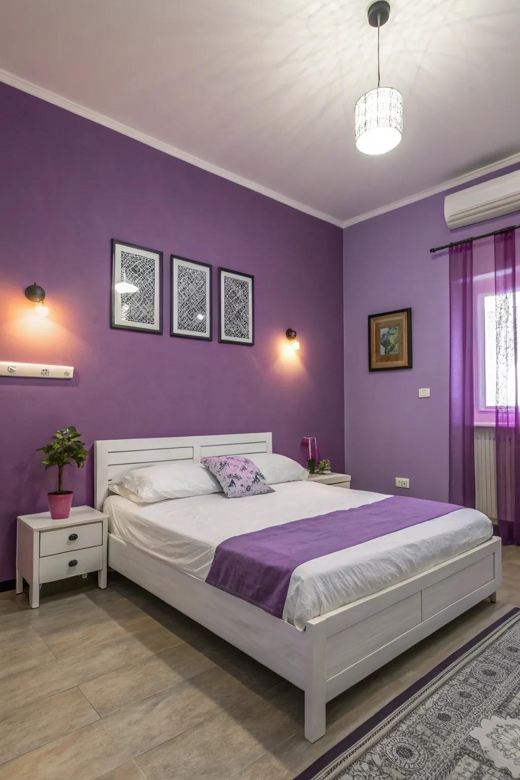 A contemporary sleeping space with smooth furniture items against violet walls.