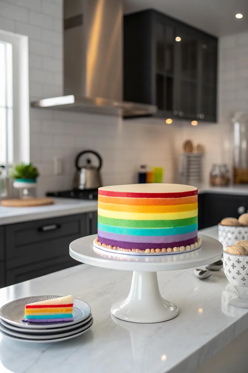 Elegant fondant stripes add a chic touch to the rainbow cake.