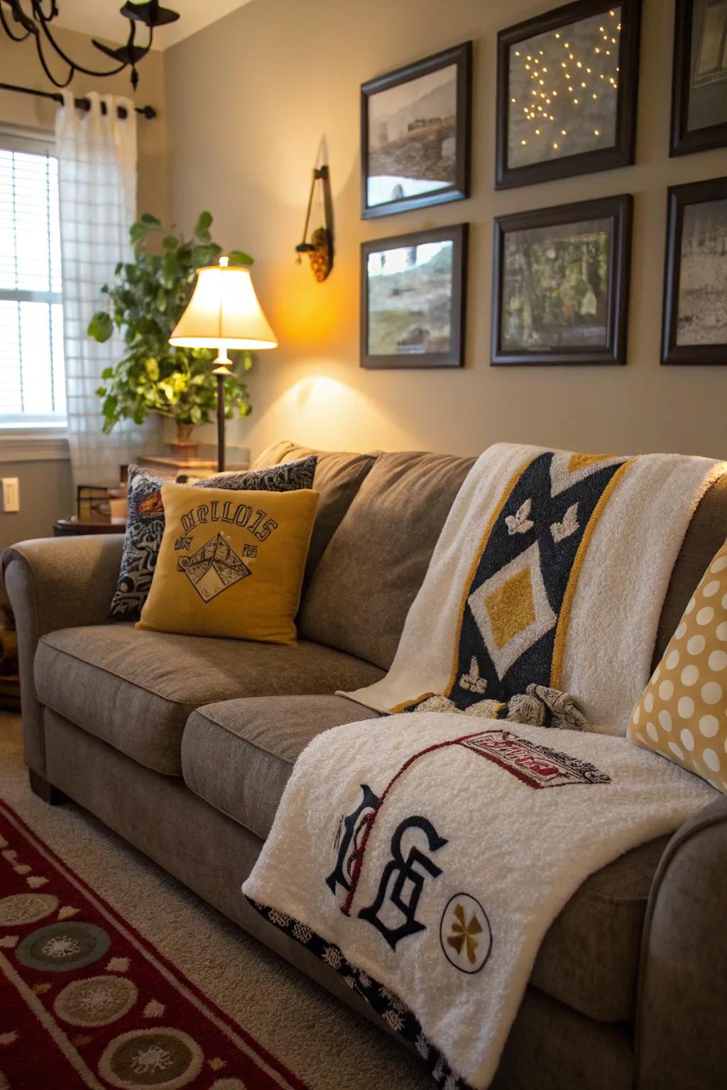 Rally towel pillows bring a cozy and personal touch.