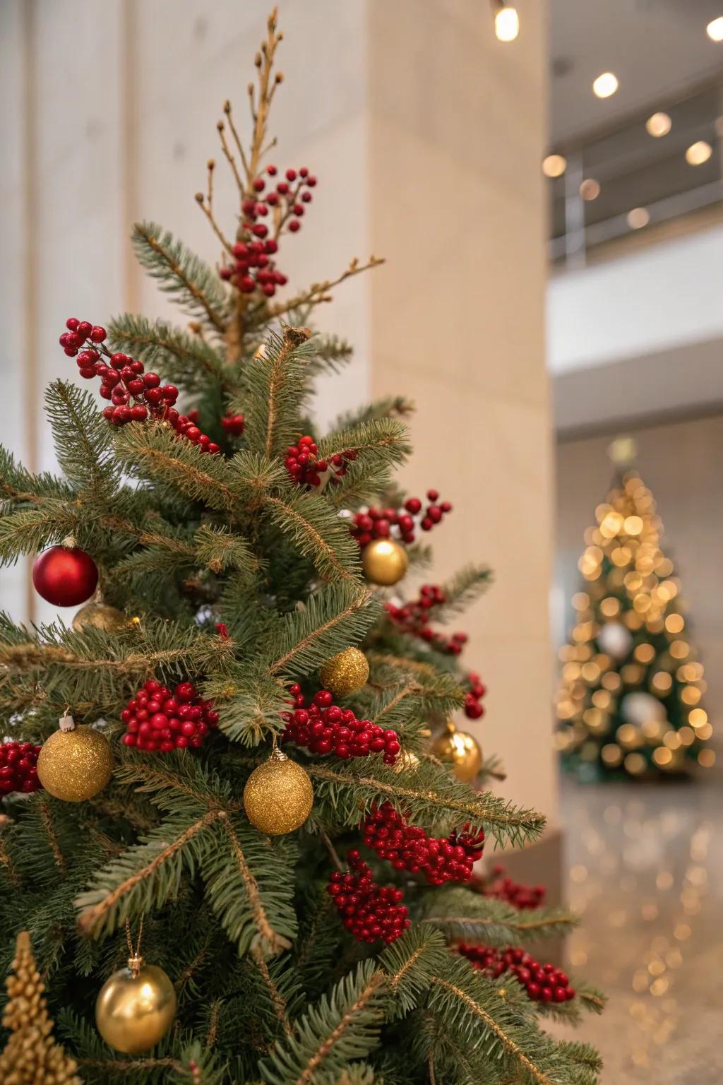 Crimson berries and gilded limbs introduce a natural touch to the festive décor.