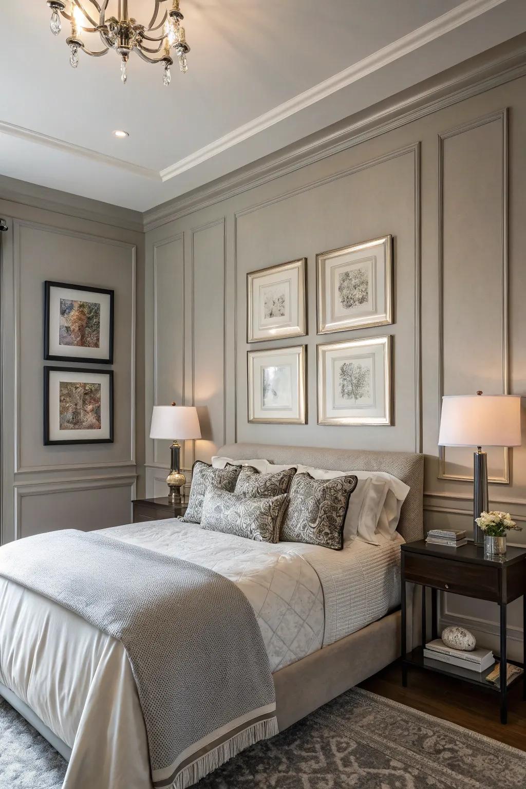 Framed artwork adds a touch of sophistication to a Revere Pewter bedroom.