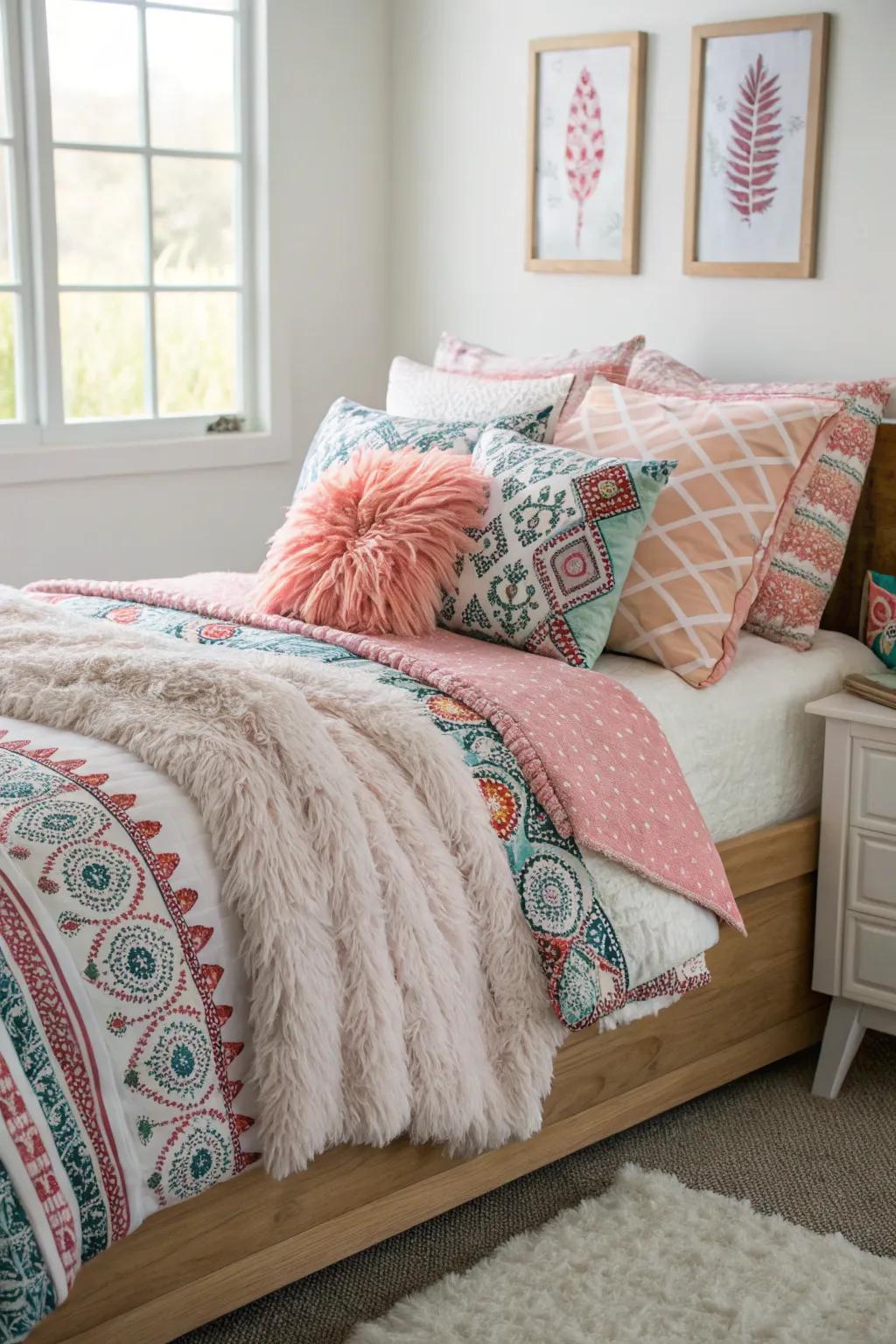 Layered bedding cultivates a welcoming and snug ambiance.