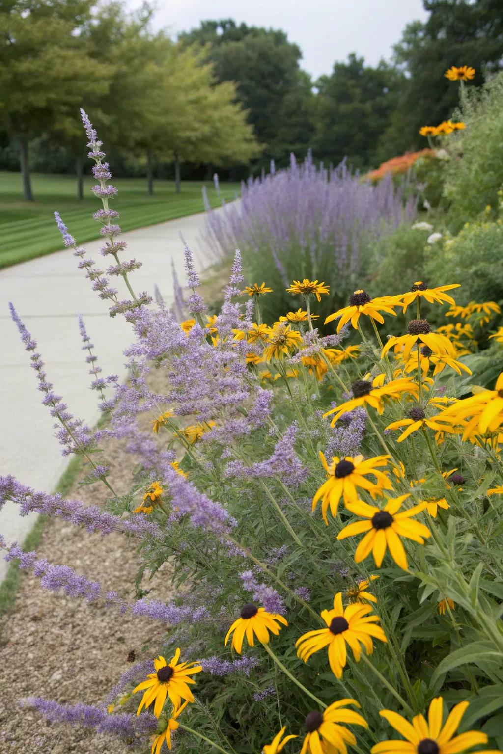 A cheerful garden pairing Silver Queen with radiant gold blooms.