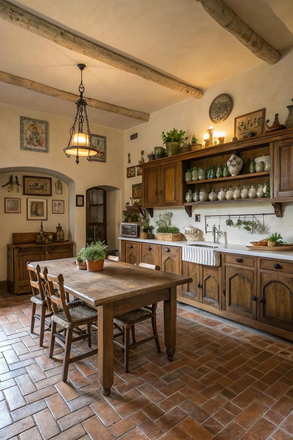 Brick flooring adds a touch of vintage charm.