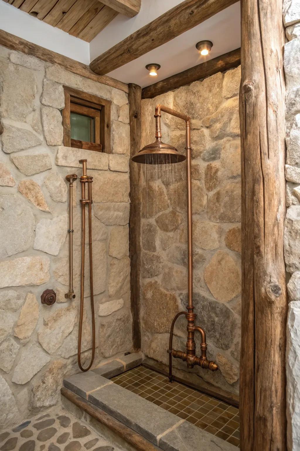 A rustic-themed shower stands out with copper fixtures, adding a touch of vintage elegance to the room.