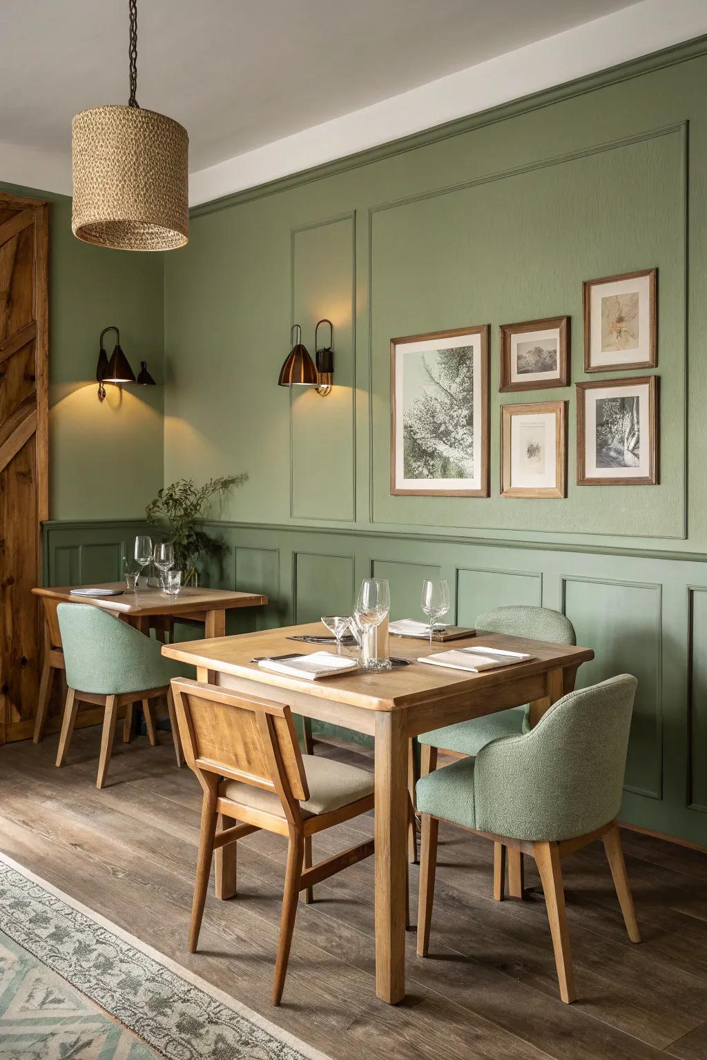 A dining room featuring the harmonious blend of sage green and natural wood.