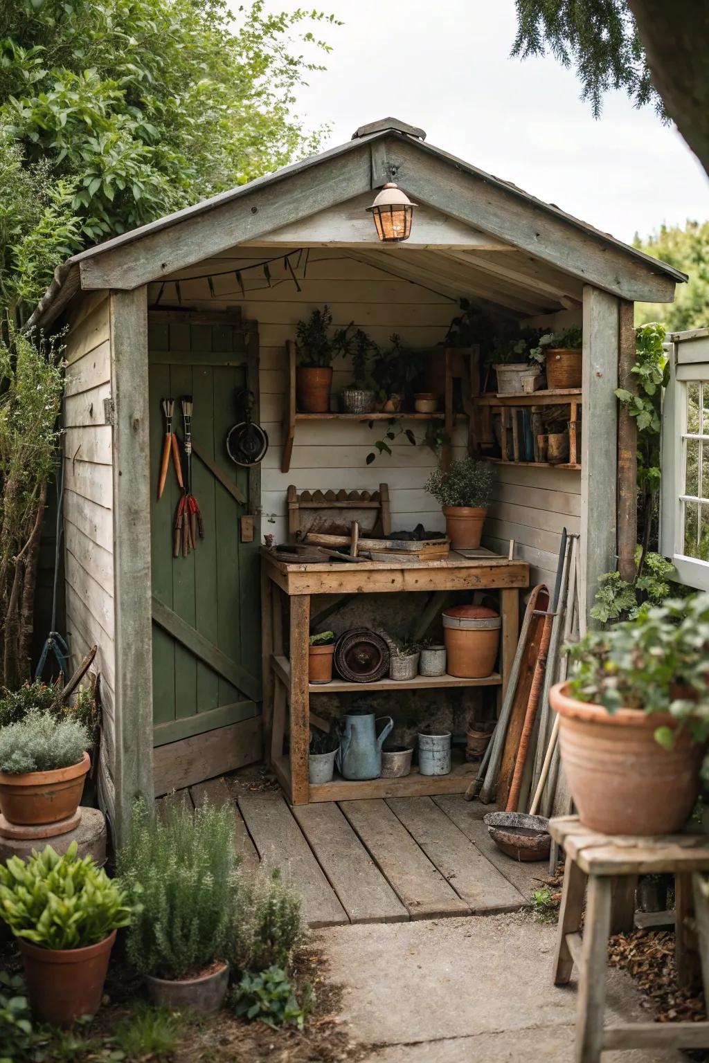 Transform your she shed into a gardener's paradise with rustic furnishings and lush greenery.