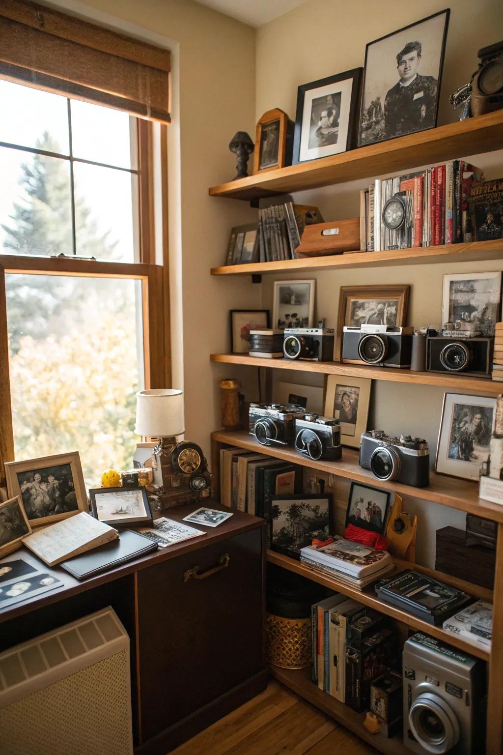 Study room shelves with vintage cameras and personal photos.
