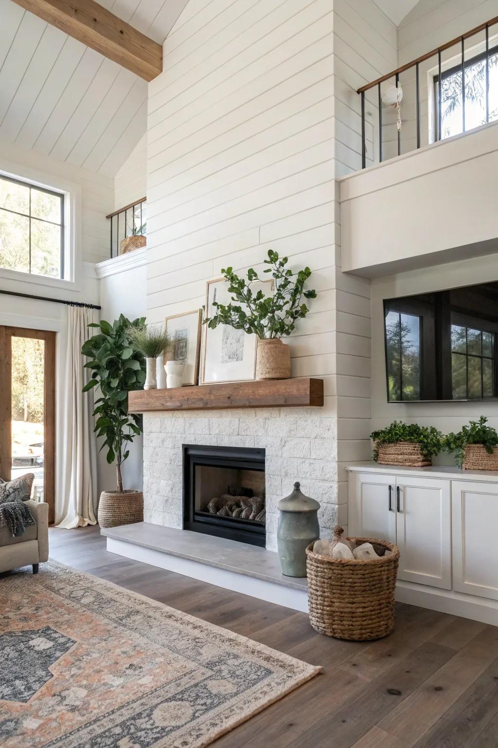 Vertical shiplap fireplace creating a dramatic and spacious effect.