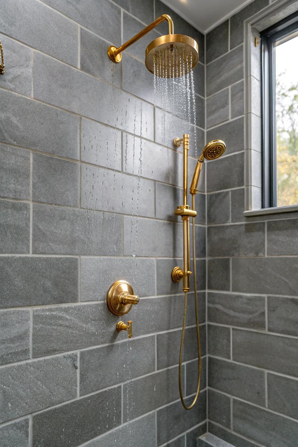 Grey tiles paired with metallic accents for a luxurious feel.