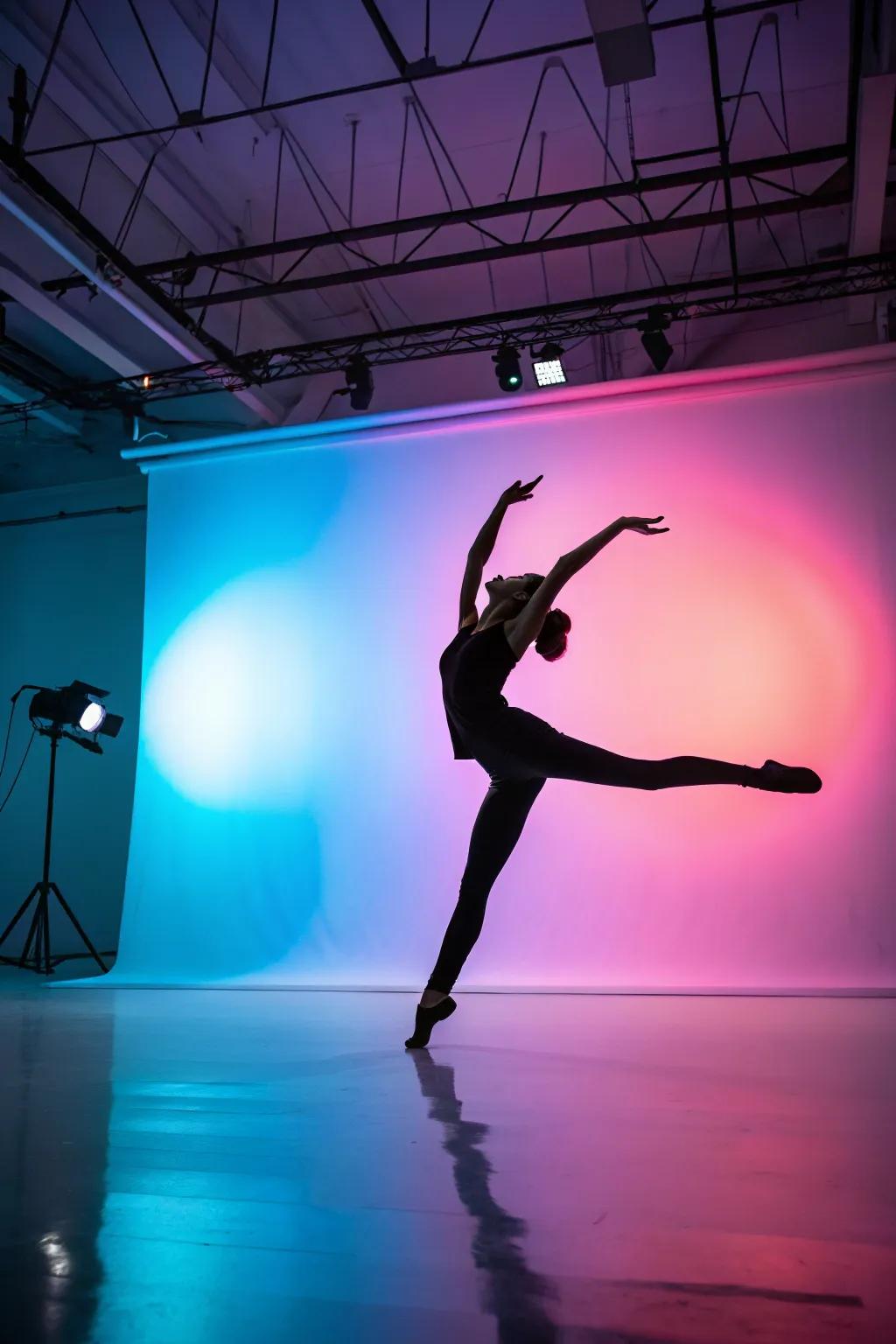 A dynamic dancer silhouette enhances the energy of an art studio.