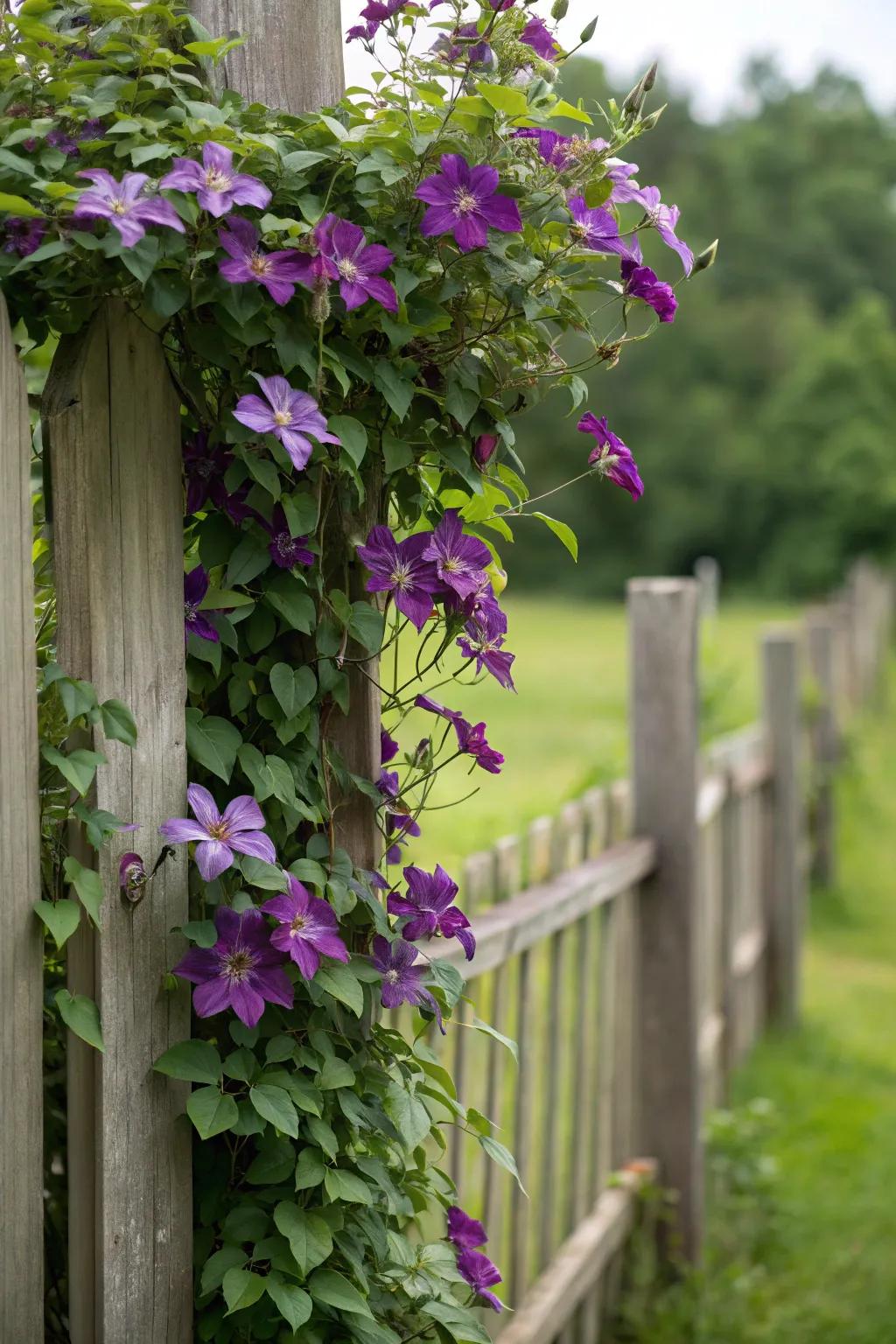 Clematis vines bring graceful upward splendor and color to fence borders.