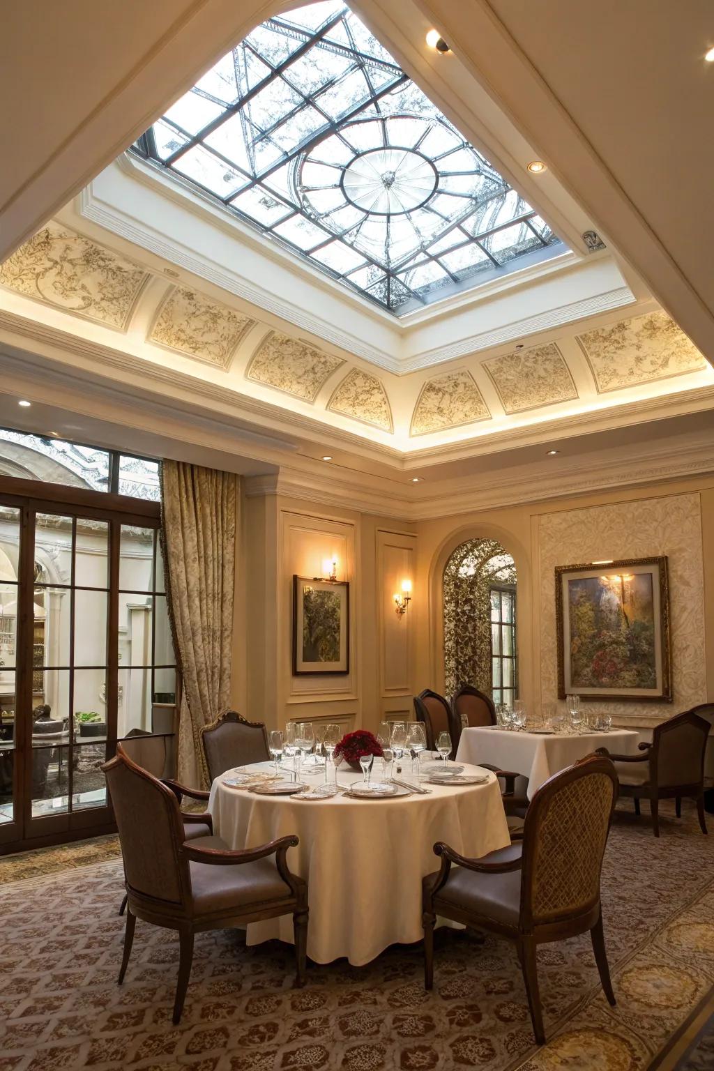 An elegant dining space graced with a skylight framed with classic decorative molding.